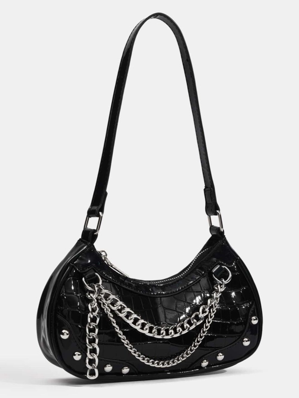 Y2K Black Croc Embossed Chain Shoulder Bag - Picture 2 of 7